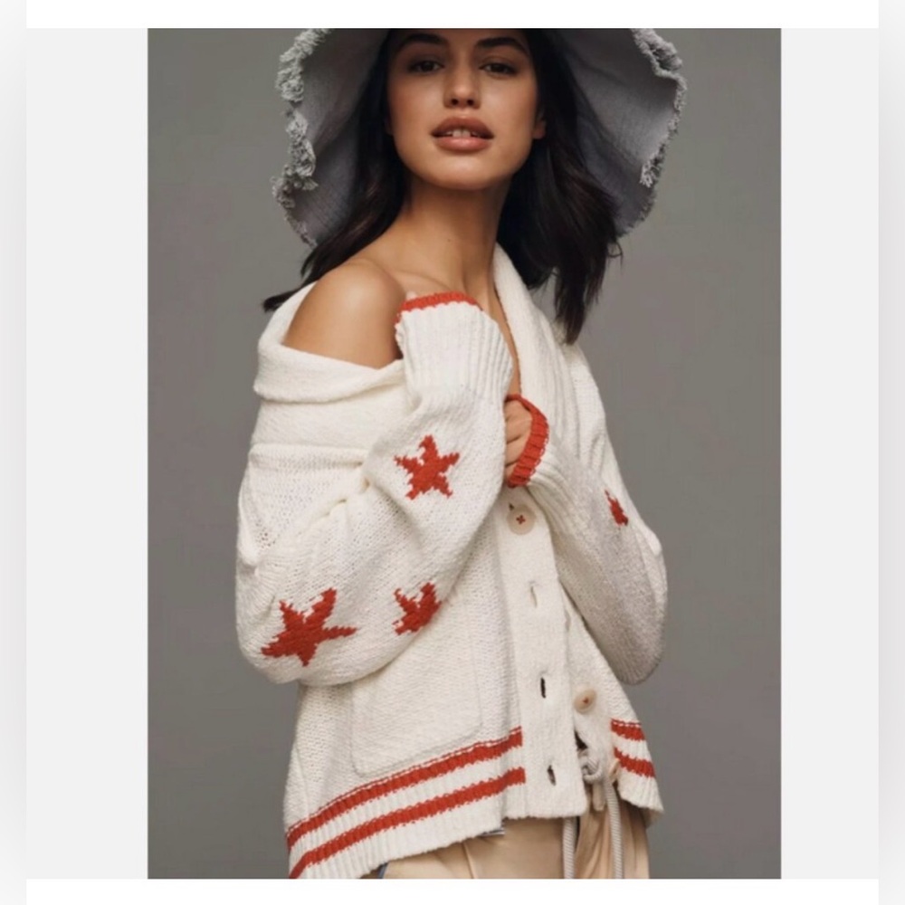Anthropologie Maeve American Flag USA Chunky Knit Cardigan Sweater XL NEW - Picture 2 of 5